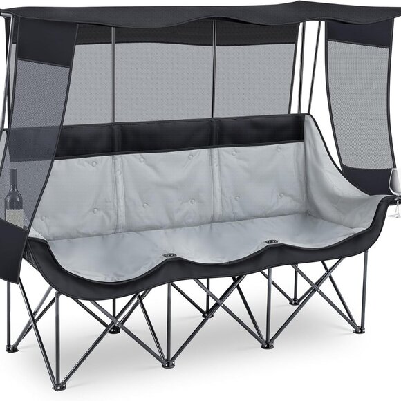 3 Person Camping Chair with Canopy Shade Fully Padded Folding Camping Beach Lawn - Picture 1 of 6